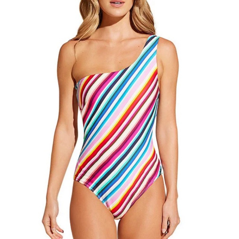 NWT Stylest Sz XL Sculpting One Shoulder Striped One Piece Swimsuit
